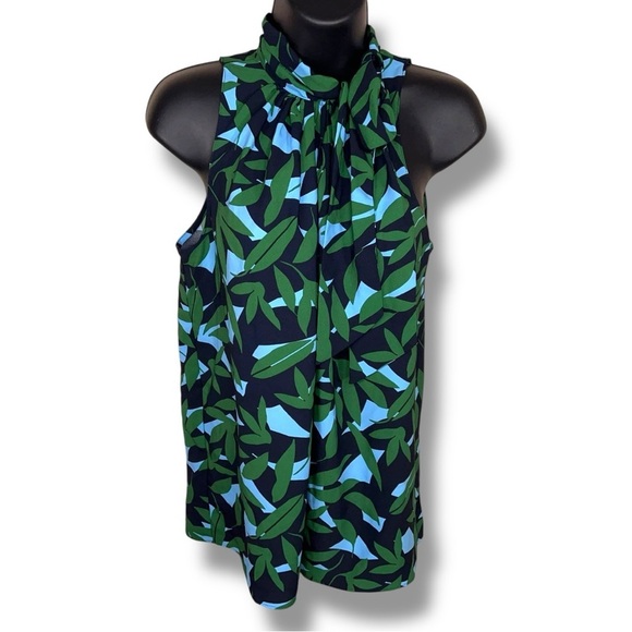 NEW Ann Taylor Petite Medium Blouse Green Blue Leaf Print Tie Neckline High Neck - Picture 1 of 14